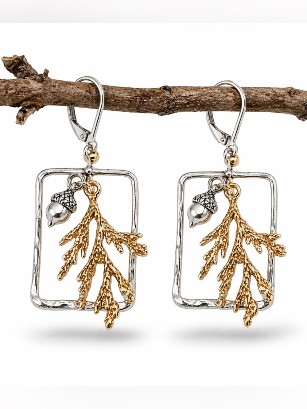 Boho Branch Frame Earrings, Gold Silver Acorn Dangle, Leverback